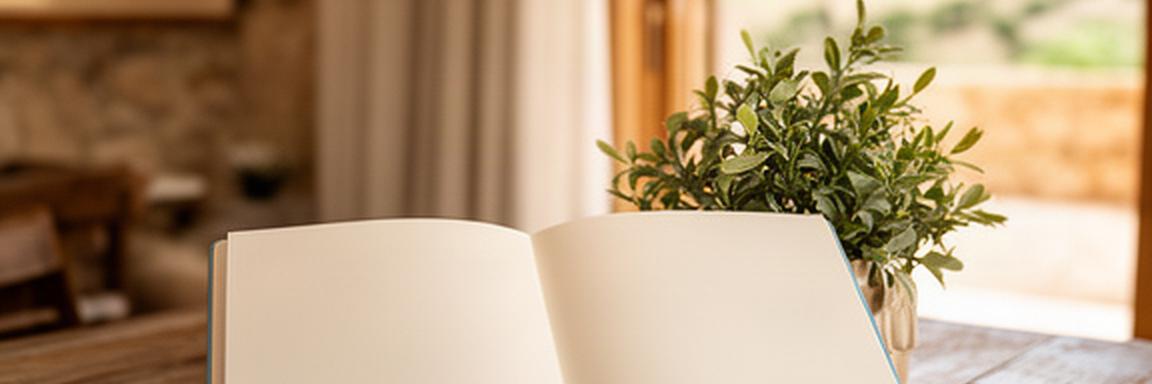 Mesa de madera en un alojamiento ecológico de Mallorca con cuaderno de privacidad y una planta natural