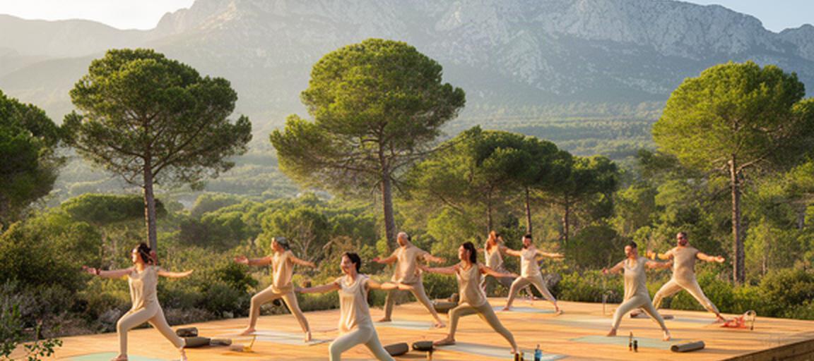 Clase de yoga al aire libre sobre una plataforma de madera, con pinos y la sierra de Mallorca al fondo