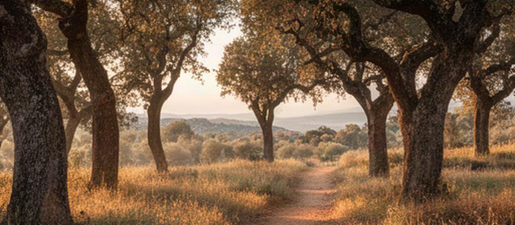 Sendero entre encinas al atardecer en una finca rural de Mallorca