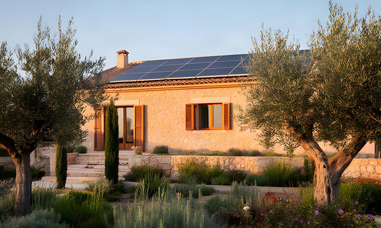 Fachada de una finca ecológica con placas solares, muros de piedra y jardín mediterráneo