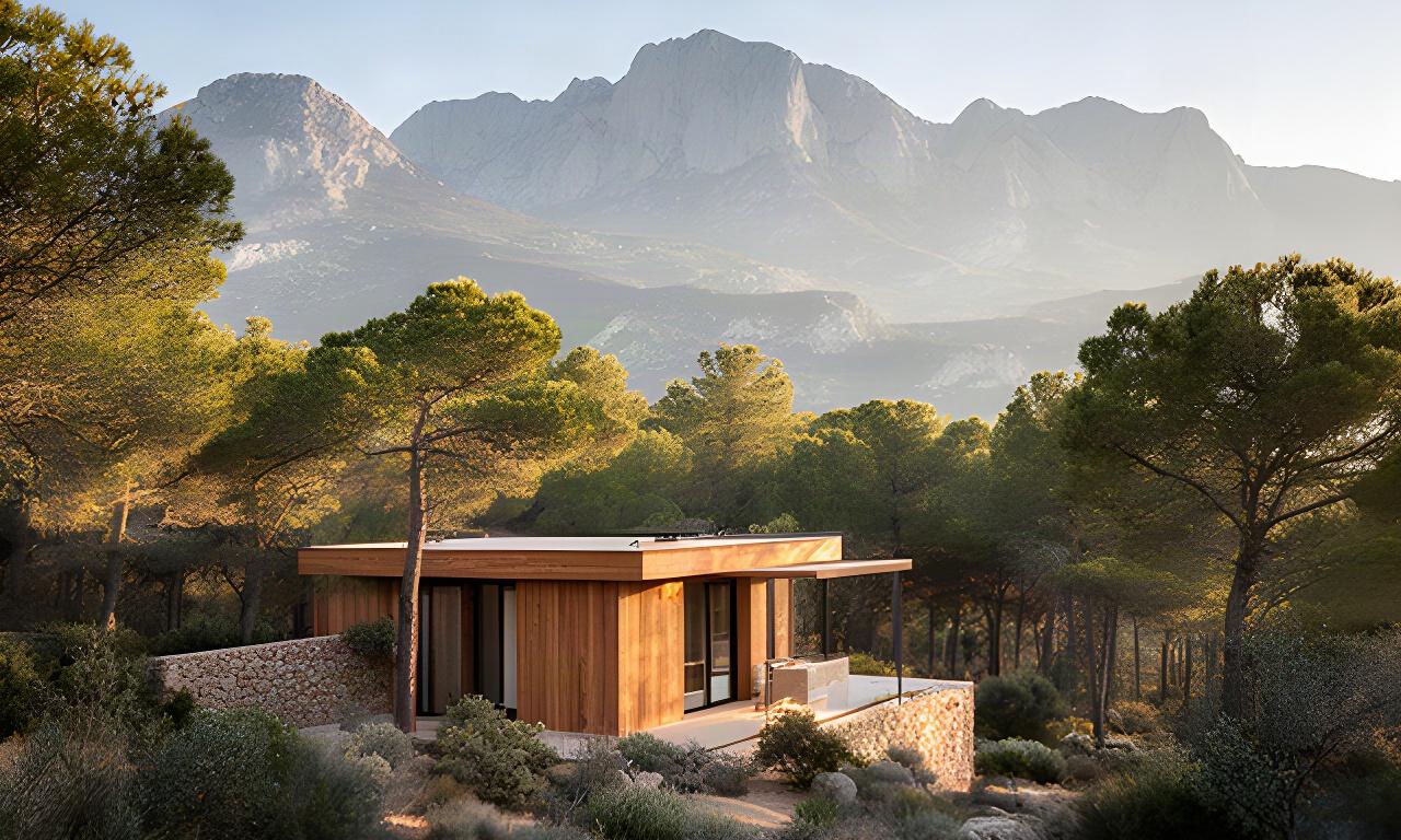 Bungalow ecológico de madera entre pinos con vistas a la sierra de Mallorca